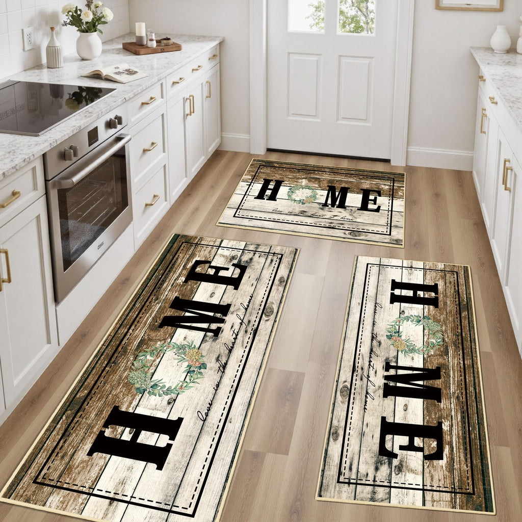 Tritard 100% Non Slip Kitchen Mats for Floor Washable Kitchen Rugs Sets of 3 Farmhouse Kitchen Runner Rug Soft Rustic Kitchen Floor Carpet for Hallway, Laundry, Sink, Office, Brown