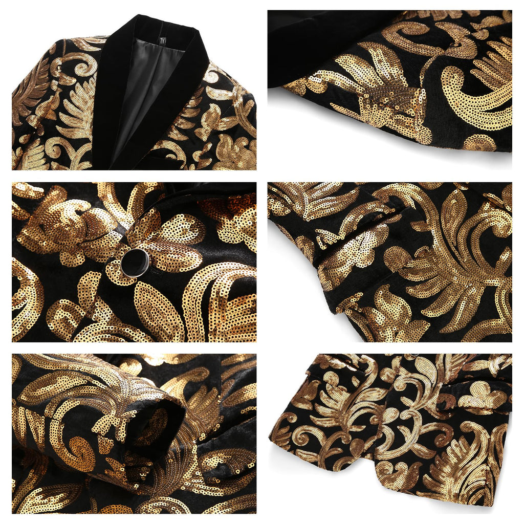 Lamgool Boys Tuxedo Suit Slim Fit Formal Set 2 Pieces with Floral Jacquard Sequin Blazer Black Pants for Kids Prom Wedding