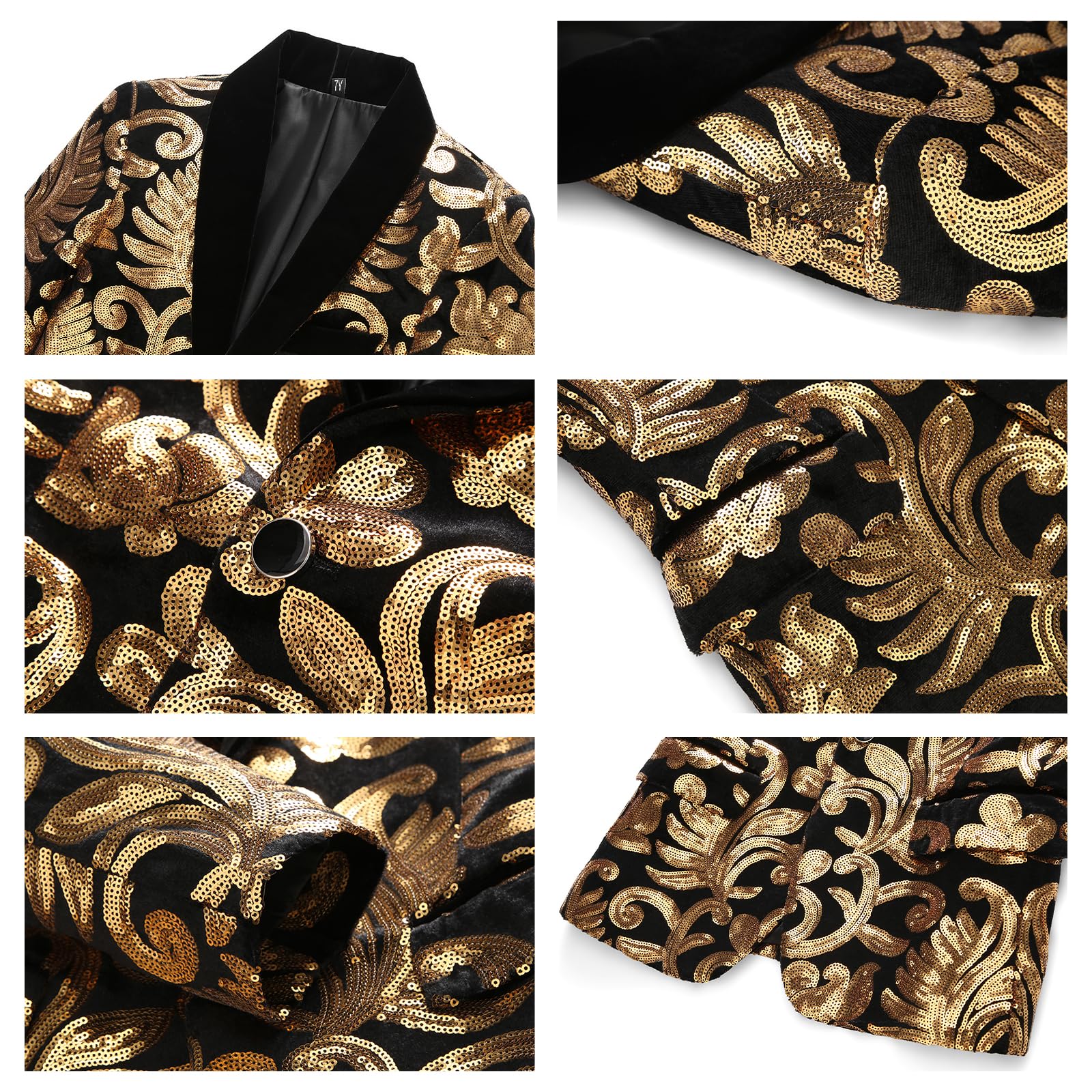 Lamgool Boys Tuxedo Suit Slim Fit Formal Set 2 Pieces with Floral Jacquard Sequin Blazer Black Pants for Kids Prom Wedding