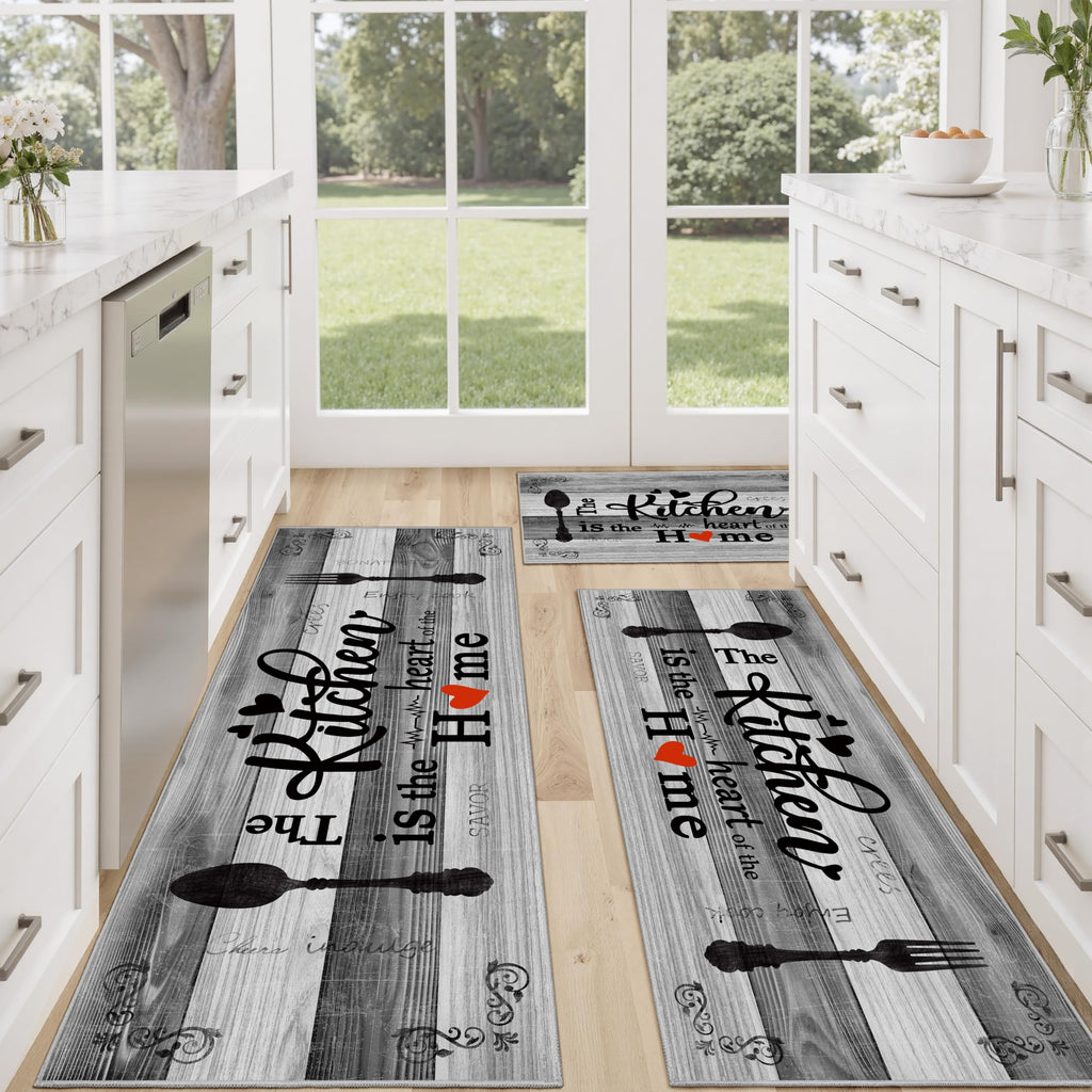 Tritard 100% Non Slip Kitchen Mats for Floor Washable Kitchen Rugs Sets of 3 Farmhouse Kitchen Runner Rug Soft Rustic Kitchen Floor Carpet for Hallway, Laundry, Sink, Office, Brown