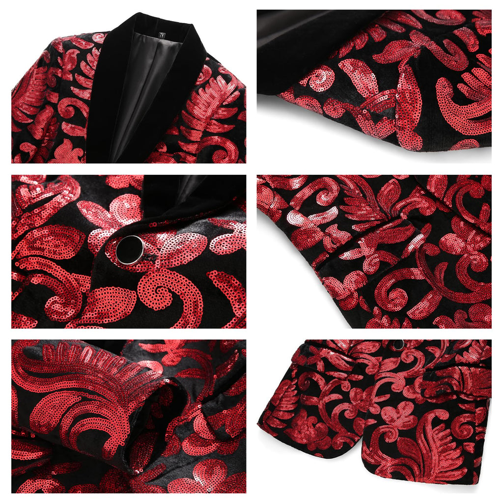 Lamgool Boys Tuxedo Suit Slim Fit Formal Set 2 Pieces with Floral Jacquard Sequin Blazer Black Pants for Kids Prom Wedding