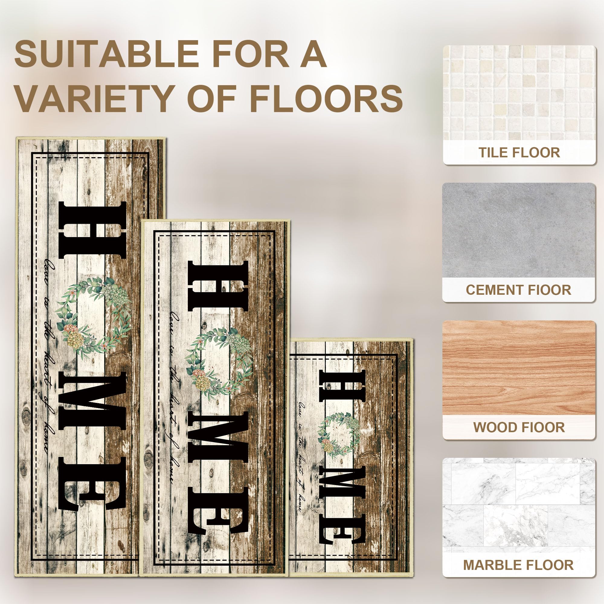 Tritard 100% Non Slip Kitchen Mats for Floor Washable Kitchen Rugs Sets of 3 Farmhouse Kitchen Runner Rug Soft Rustic Kitchen Floor Carpet for Hallway, Laundry, Sink, Office, Brown