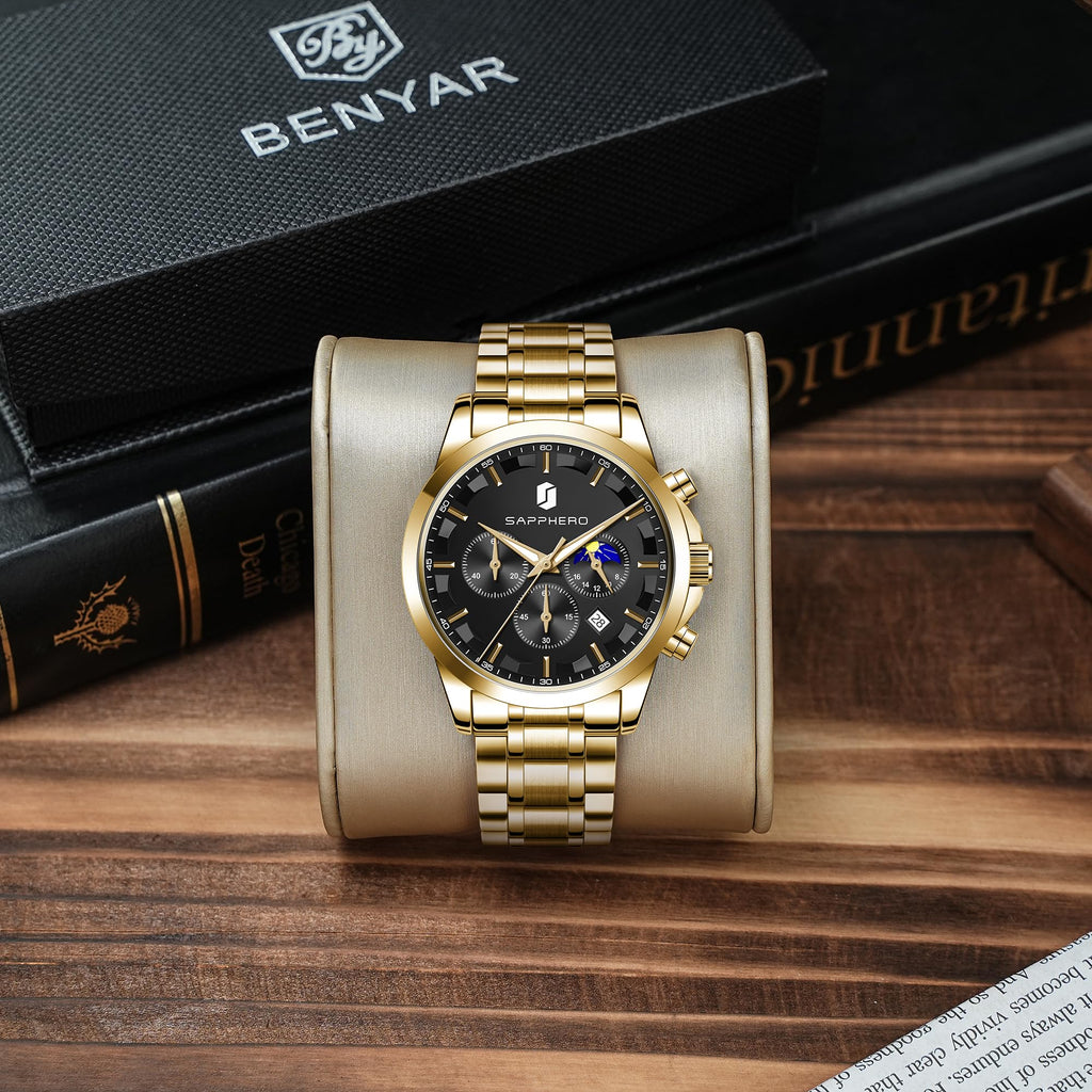 SAPPHERO Chronograph Watches for Men, Original Business Casual Stainless Steel Analog Watch 50M Waterproof Luminous Watches with Date Dial, Mens Gift