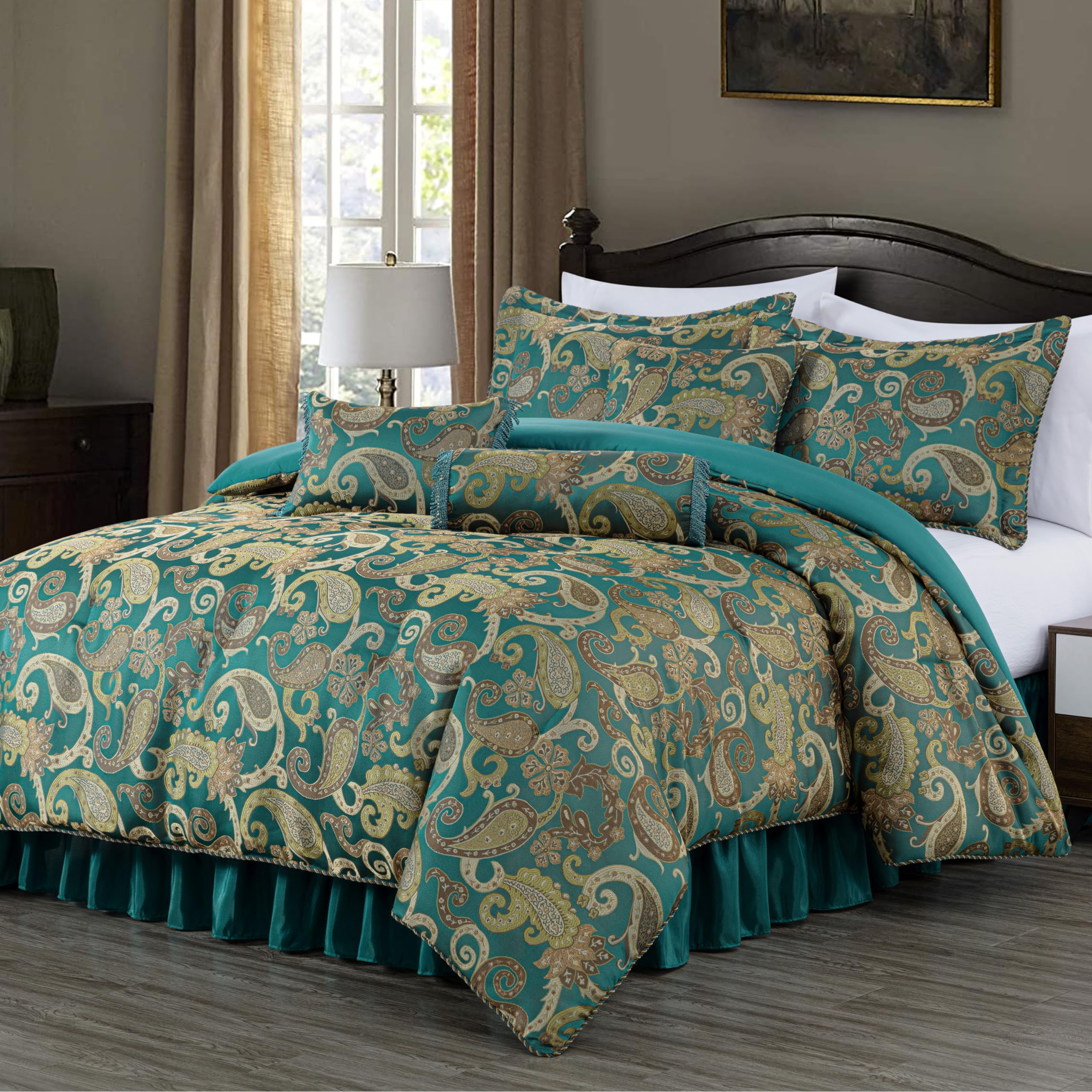Chezmoi Collection Adelle 7-Piece Paisley Jacquard Embroidered Comforter Bedding Set, King Size