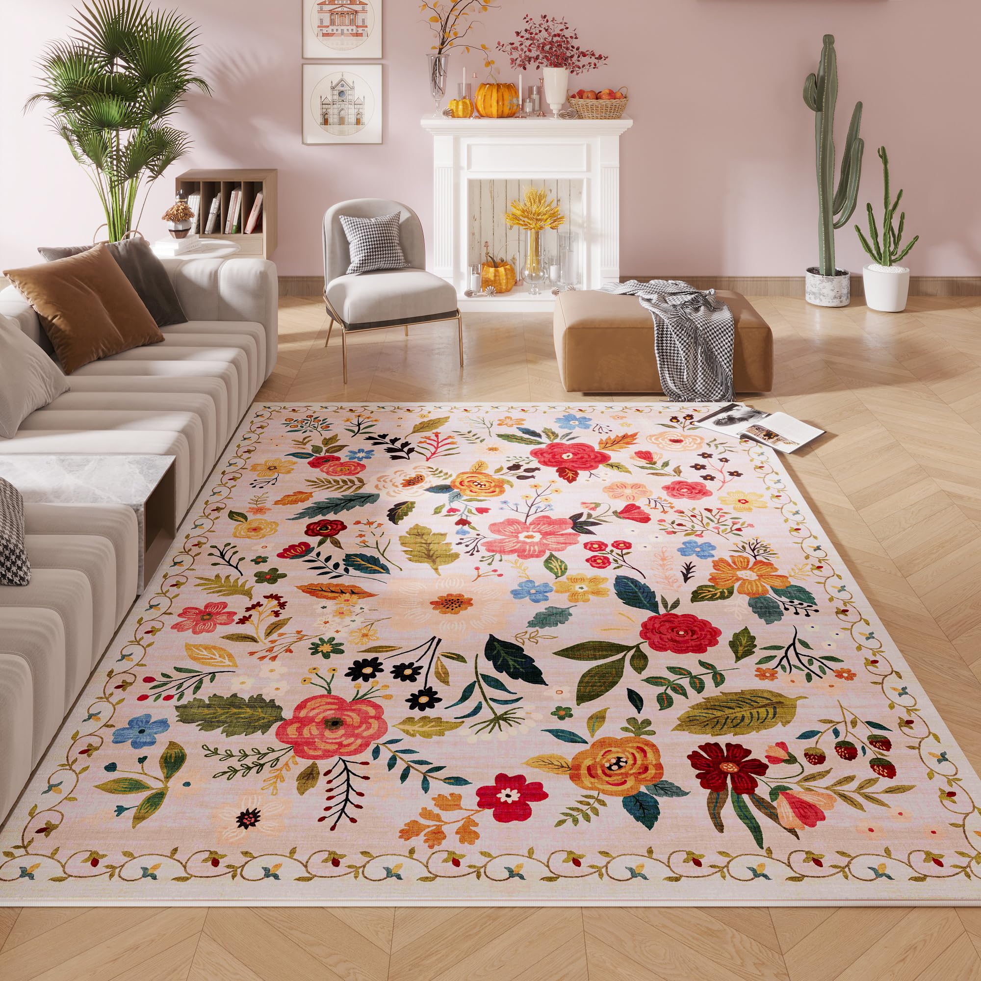 Rugcomf Area Rugs 8x10 Rug for Living Room Clearance Washable Boho Area Rug Non Slip Floral Vintage Low Pile Large Rug for Living Room, Bedroom, Farmhouse, Dining Room, Kids Playroom(Black)