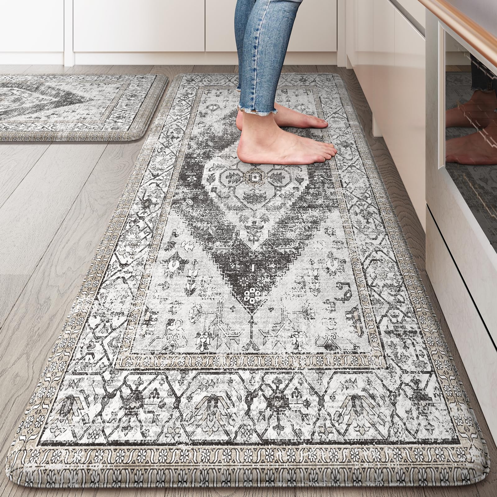 KIMODE Kitchen Mats 2PCS,Cushioned Anti Fatigue Kitchen Rugs and Mats,Non Skid Waterproof Kitchen Mats for Floor,Comfort Foam Standing Mat for Home Decor, Office,Sink,Laundry Room,Desk,Black and White