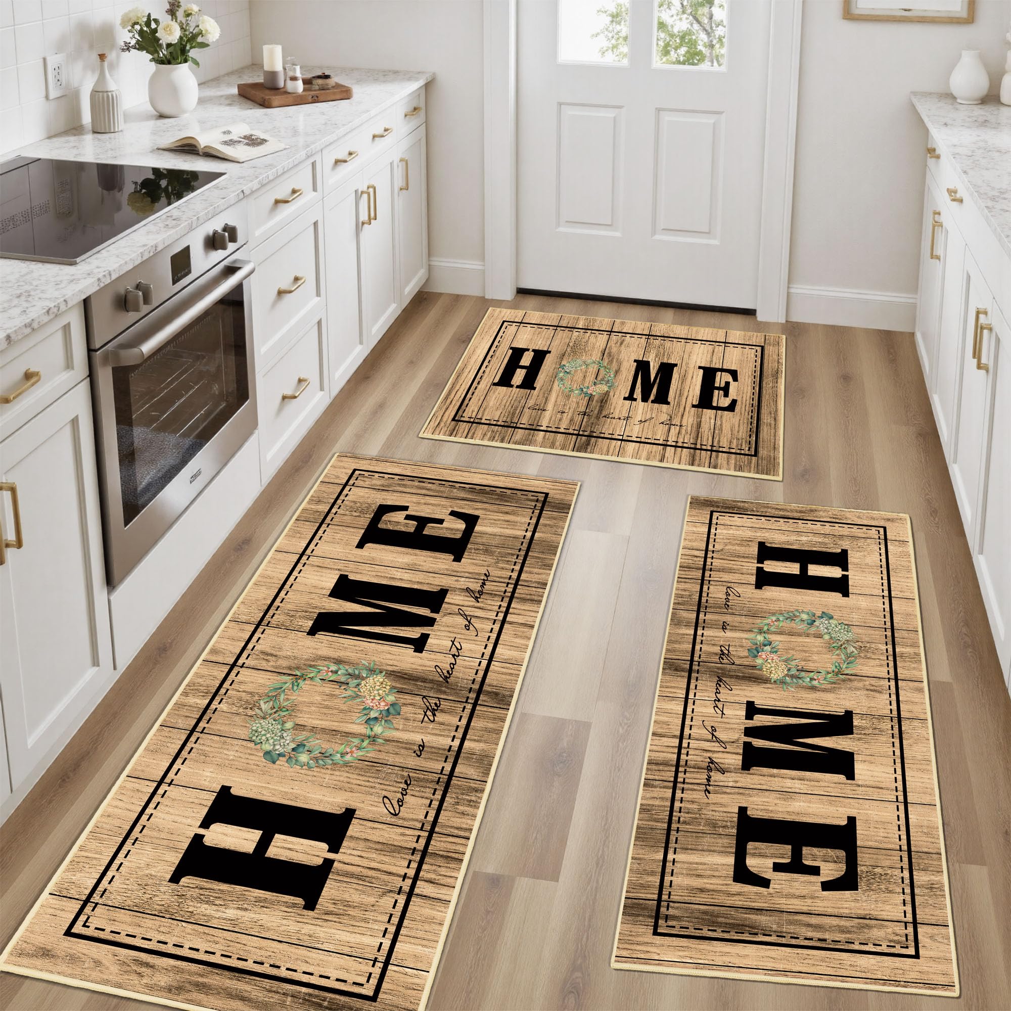 Tritard 100% Non Slip Kitchen Mats for Floor Washable Kitchen Rugs Sets of 3 Farmhouse Kitchen Runner Rug Soft Rustic Kitchen Floor Carpet for Hallway, Laundry, Sink, Office, Brown