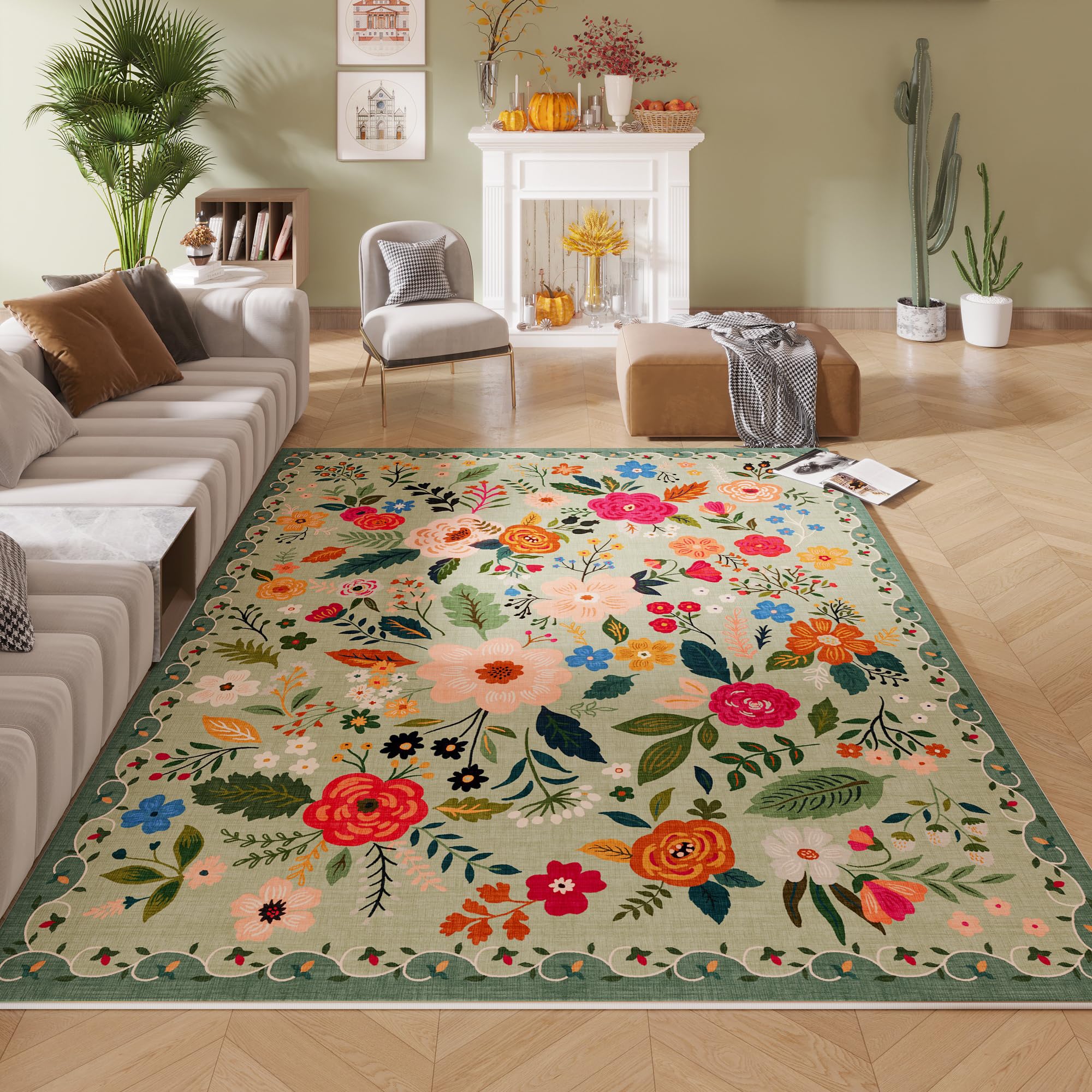 Rugcomf Area Rugs 8x10 Rug for Living Room Clearance Washable Boho Area Rug Non Slip Floral Vintage Low Pile Large Rug for Living Room, Bedroom, Farmhouse, Dining Room, Kids Playroom(Black)