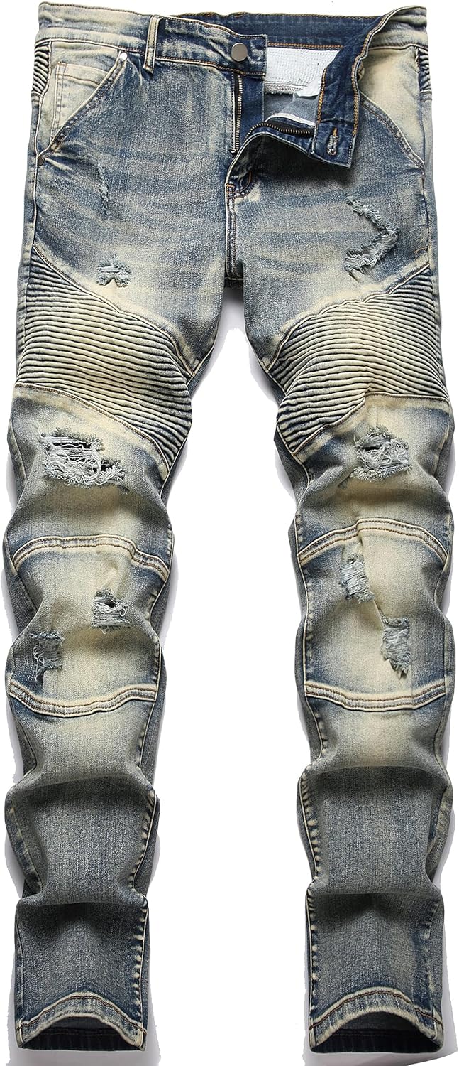 XIMXIMMTIAN Men's Biker Moto Washed Distressed Slim Fit Straight Jeans Denim