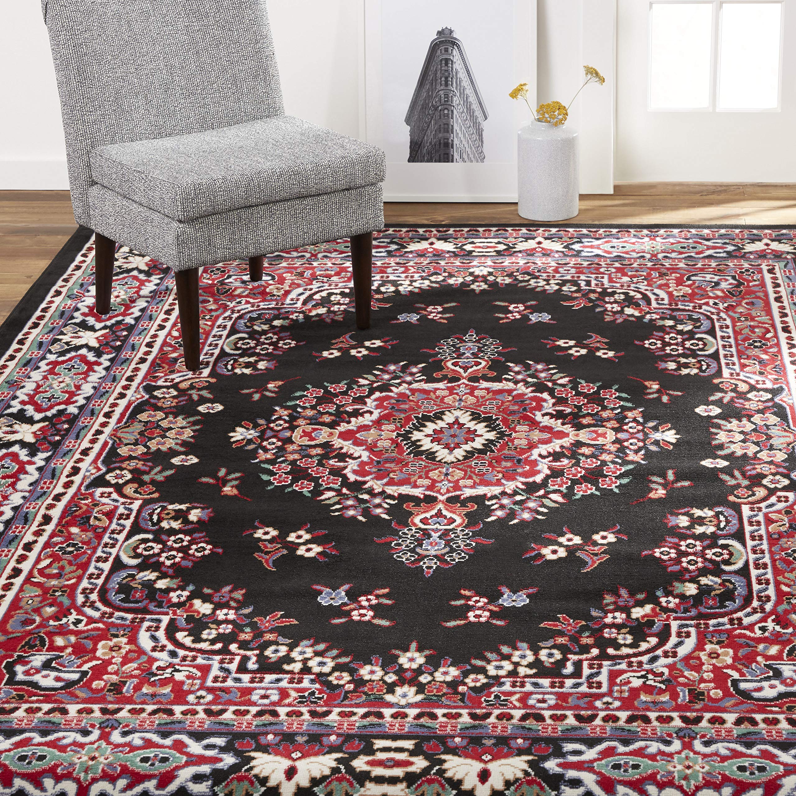 Home Dynamix Premium Sakarya Traditional Medallion Border Area Rug, Black, 21"x35" Rectangle