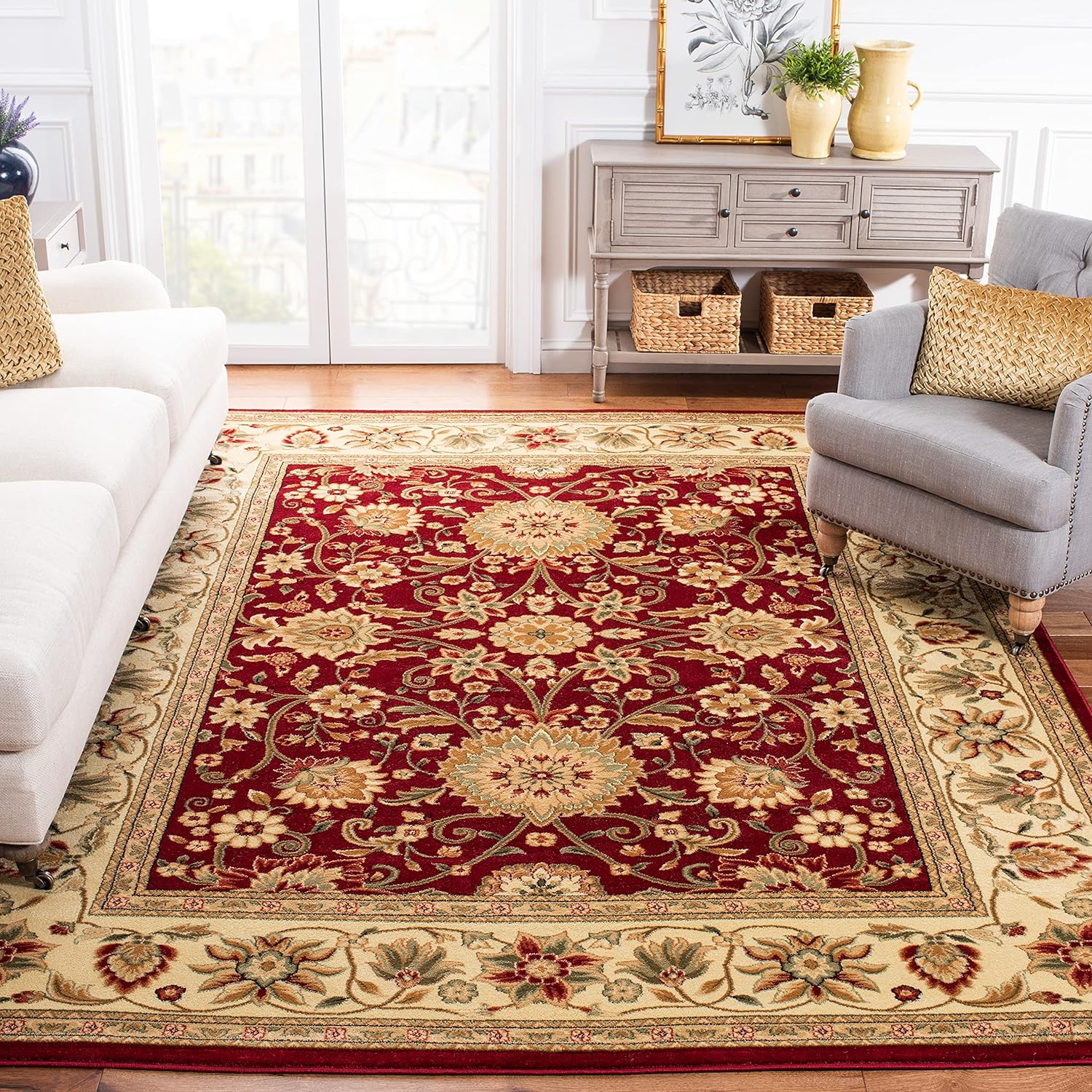 SAFAVIEH Lyndhurst Collection Area Rug - 5'3" x 7'6", Ivory & Red, Traditional Oriental Design, Non-Shedding & Easy Care, Ideal for High Traffic Areas in Living Room, Bedroom (LNH212K)